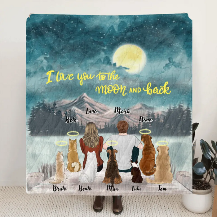 Personalized Couple Dog Quilt/Fleece Blanket - Up to 7 Dogs - Best Gift For Couple/Dog Lover - I Love You To The Moon And Back