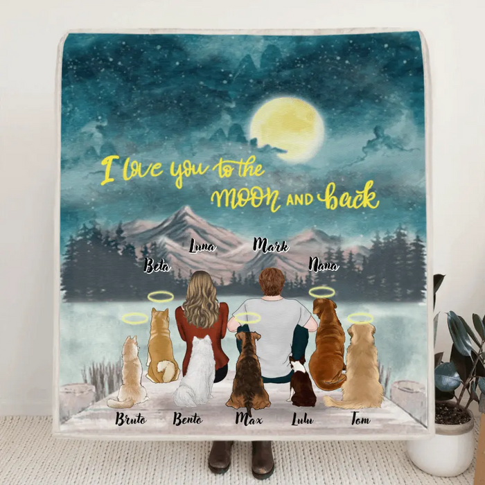 Personalized Couple Dog Quilt/Fleece Blanket - Up to 7 Dogs - Best Gift For Couple/Dog Lover - I Love You To The Moon And Back