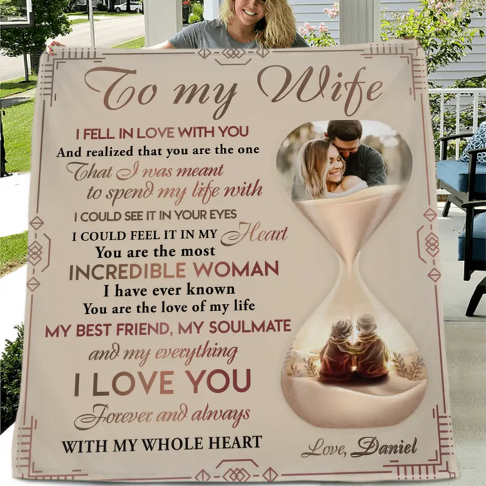 Personalized Couple Hourglass Quilt/Fleece Throw Blanket - Upload Photo - Gift Idea To Wife From Husband - To My Wife I Fell In Love With You