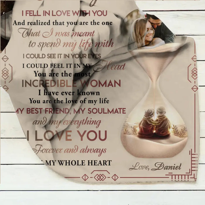 Personalized Couple Hourglass Quilt/Fleece Throw Blanket - Upload Photo - Gift Idea To Wife From Husband - To My Wife I Fell In Love With You