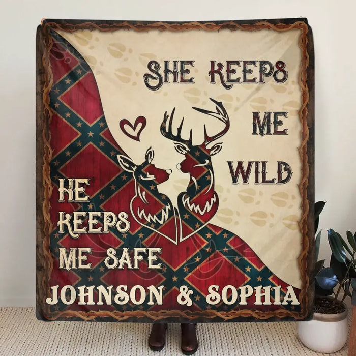 Personalized Couple Quilt/Fleece Throw Blanket - Gift Idea For Couple/Husband/Wife/Valentine's Day - He Keeps Me Safe