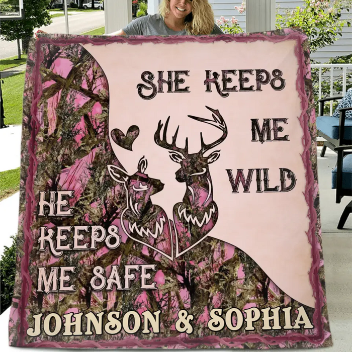 Personalized Couple Quilt/Fleece Throw Blanket - Gift Idea For Couple/Husband/Wife/Valentine's Day - She Keeps Me Wild