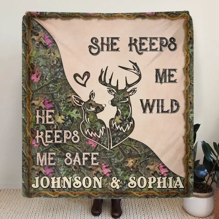 Personalized Couple Fleece Throw Blanket & Quilt - Valentine's Day Gift Idea For Couple/Him & Her - She Keeps Me Wild