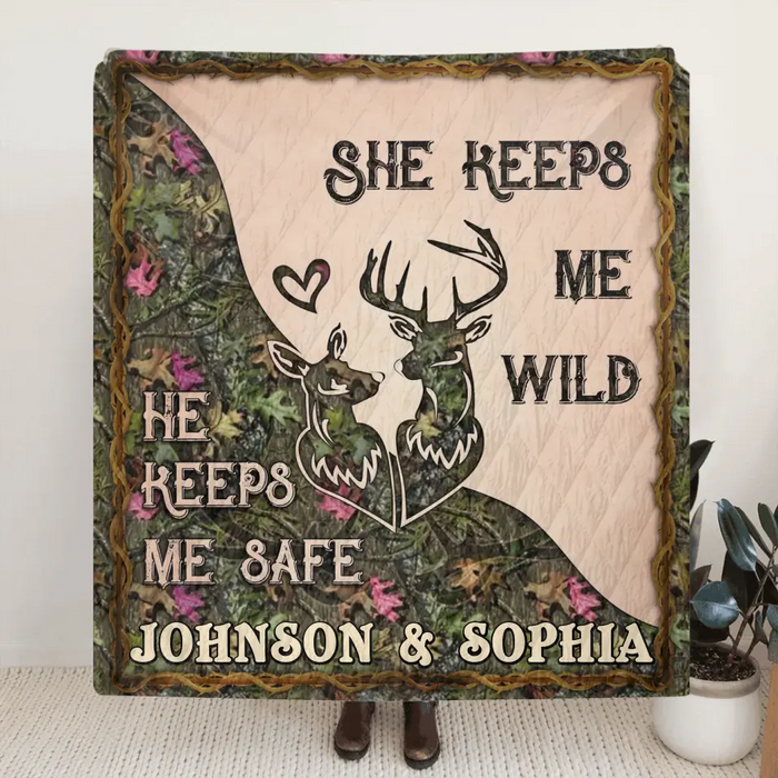 Personalized Couple Fleece Throw Blanket & Quilt - Valentine's Day Gift Idea For Couple/Him & Her - She Keeps Me Wild