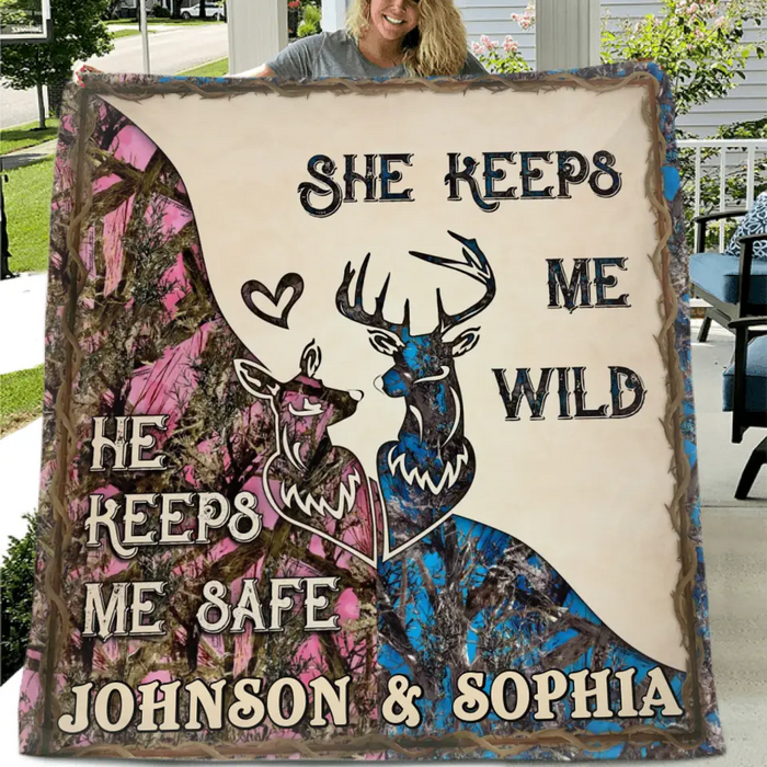Personalized Couple Fleece Throw Blanket & Quilt - Valentine's Day Gift Idea For Couple/Him & Her - He Keeps Me Safe