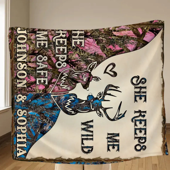 Personalized Couple Fleece Throw Blanket & Quilt - Valentine's Day Gift Idea For Couple/Him & Her - He Keeps Me Safe