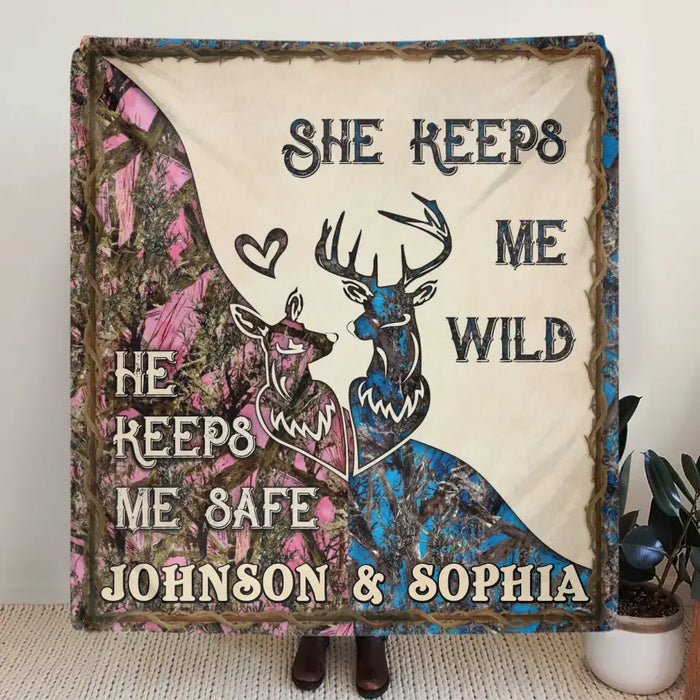 Personalized Couple Fleece Throw Blanket & Quilt - Valentine's Day Gift Idea For Couple/Him & Her - He Keeps Me Safe