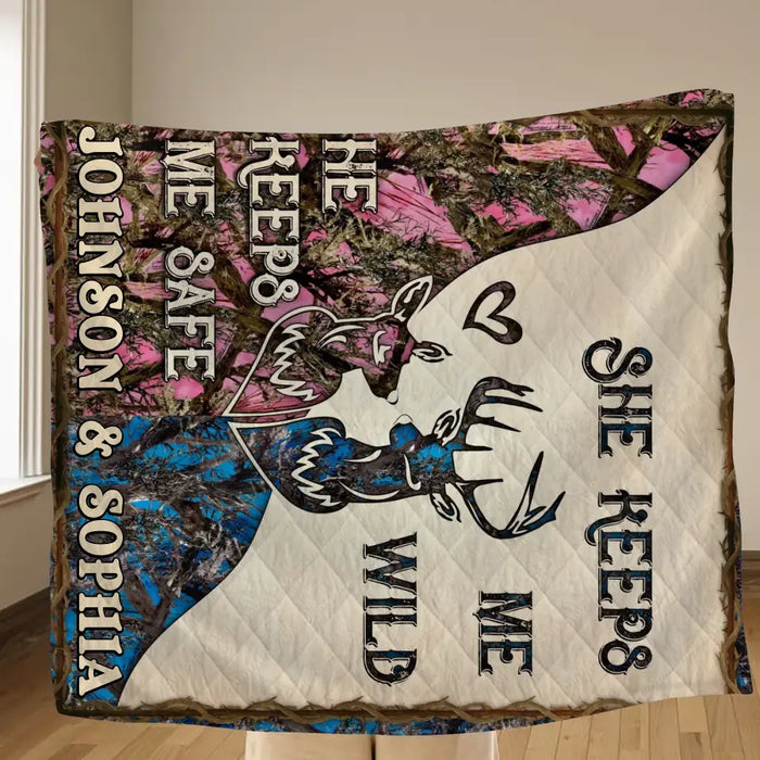 Personalized Couple Fleece Throw Blanket & Quilt - Valentine's Day Gift Idea For Couple/Him & Her - He Keeps Me Safe