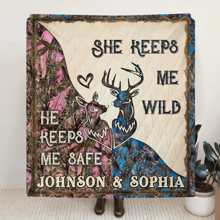 Personalized Couple Fleece Throw Blanket & Quilt - Valentine's Day Gift Idea For Couple/Him & Her - He Keeps Me Safe