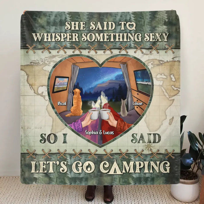 Personalized Couple Pillow Cover/Quilt/Fleece Throw Blanket - Couple With Up to 2 Pets - Gift Idea For Couple/Camping Lover - Let's Go Camping