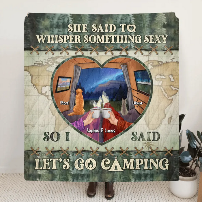 Personalized Couple Pillow Cover/Quilt/Fleece Throw Blanket - Couple With Up to 2 Pets - Gift Idea For Couple/Camping Lover - Let's Go Camping