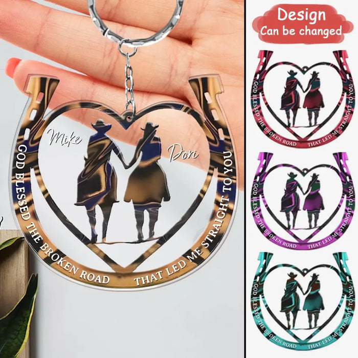 Personalized Couple Cowboy And Cowgirl Acrylic Keychain - Gift Idea For Couple/Horse Lover - God Blessed The Broken Road That Led Me Straight To You