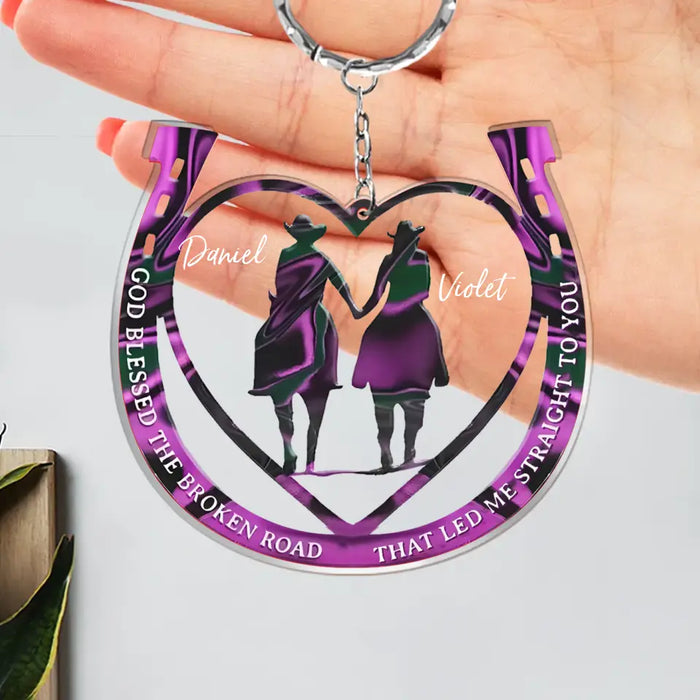 Personalized Couple Cowboy And Cowgirl Acrylic Keychain - Gift Idea For Couple/Horse Lover - God Blessed The Broken Road That Led Me Straight To You