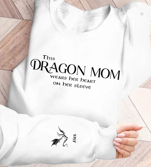 Personalized Dragon Mom AOP Sweater - Up to 5 Kids - Mother's Day Gift Idea For Mom/Grandma - This Dragon Mom Wears Her Heart On Her Sleeve