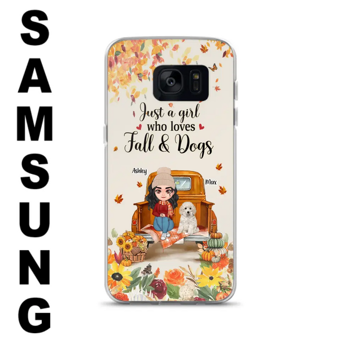 Custom Personalized Dog Mom Autumn Phone Case - Gift Idea For Dog Owners - Upto 5 Dogs - Case For iPhone/Samsung - Just A Girl Who Loves Fall & Dogs