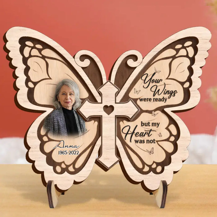 Personalized Butterfly 2 Layered Wooden Art - Upload Up to 5 People - Memorial Gift Idea For Family Member - Your Wings Were Ready But My Heart Was Not