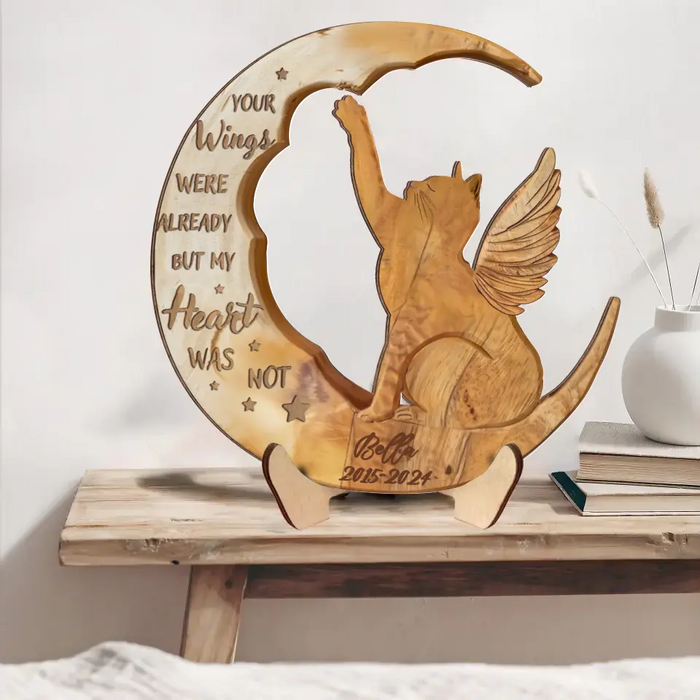 Personalized Cat Moon Wooden Art - Memorial Gift Idea - Angels Don't Always Have Wings Sometimes They Have Whiskers