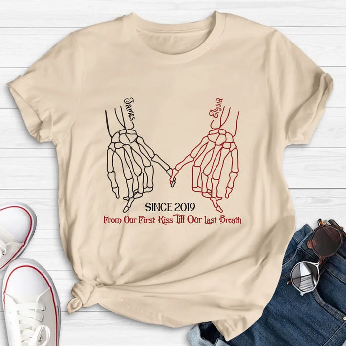 Personalized Couple Halloween T-shirt/Long Sleeve/Sweatshirt/Hoodie - Gift Idea For Couple - From Our First Kiss Till Our Last Breath