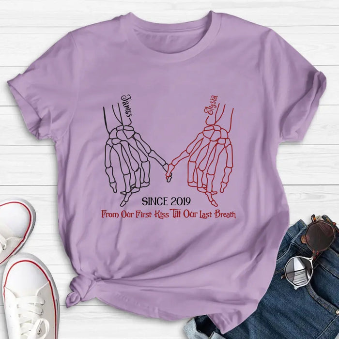 Personalized Couple Halloween T-shirt/Long Sleeve/Sweatshirt/Hoodie - Gift Idea For Couple - From Our First Kiss Till Our Last Breath