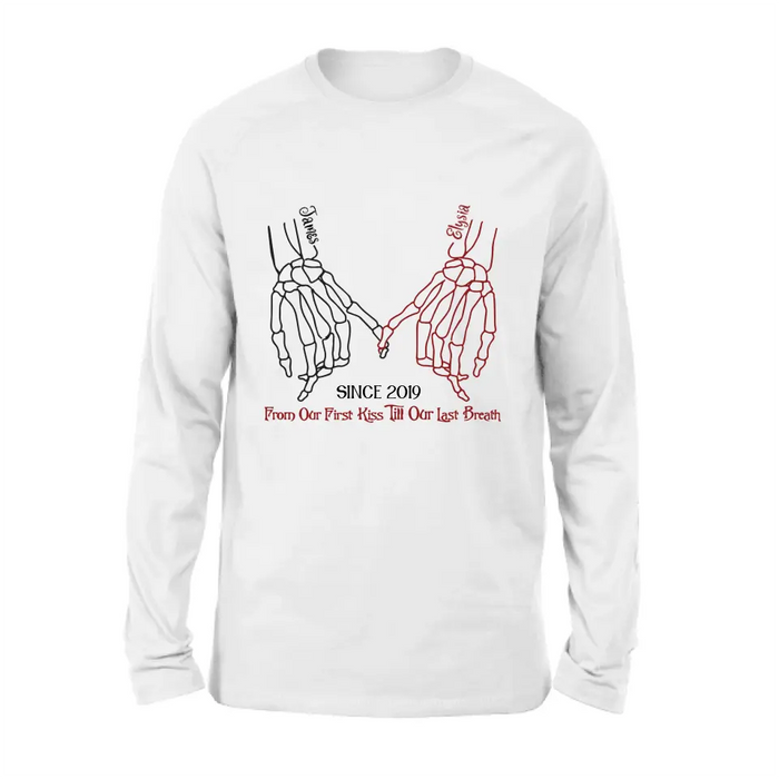 Personalized Couple Halloween T-shirt/Long Sleeve/Sweatshirt/Hoodie - Gift Idea For Couple - From Our First Kiss Till Our Last Breath
