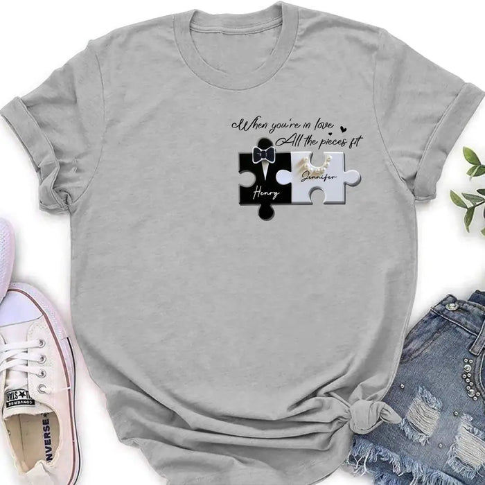 Personalized Couple Puzzle Shirt/Hoodie - Anniversary/Wedding Gift Idea For Couple - When You're In Love All The Pieces Fit
