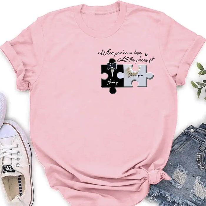 Personalized Couple Puzzle Shirt/Hoodie - Anniversary/Wedding Gift Idea For Couple - When You're In Love All The Pieces Fit