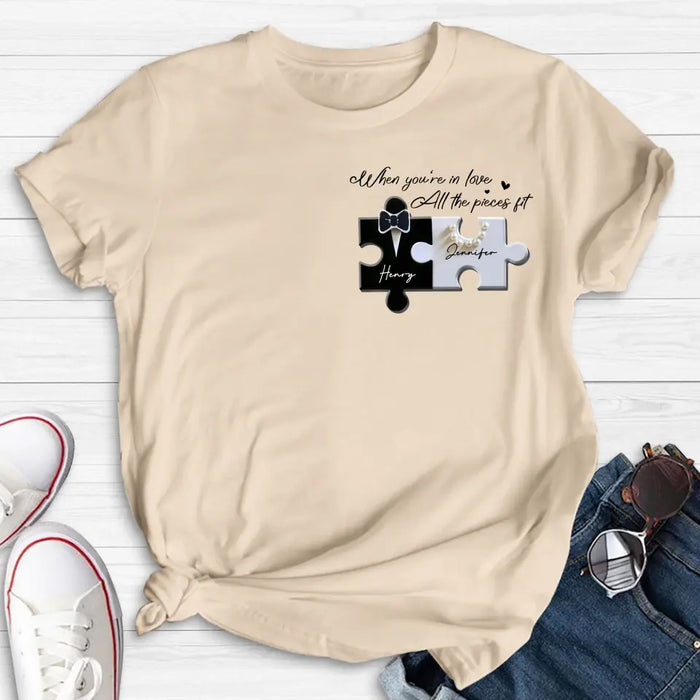 Personalized Couple Puzzle Shirt/Hoodie - Anniversary/Wedding Gift Idea For Couple - When You're In Love All The Pieces Fit