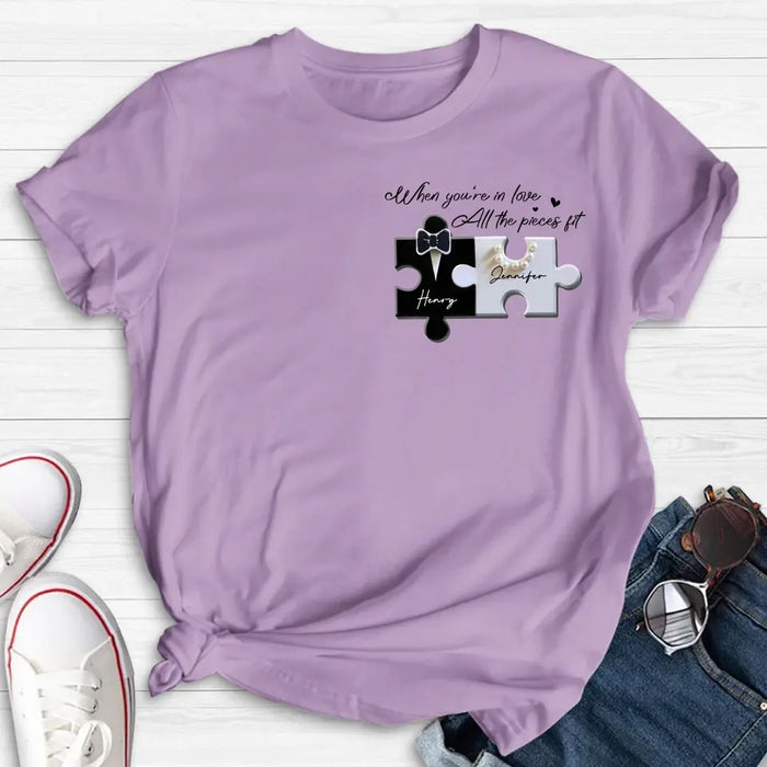 Personalized Couple Puzzle Shirt/Hoodie - Anniversary/Wedding Gift Idea For Couple - When You're In Love All The Pieces Fit