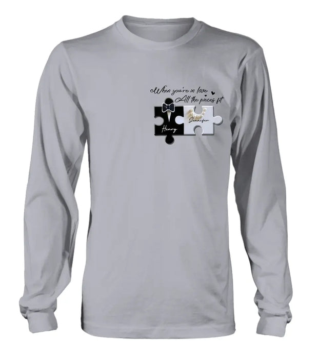 Personalized Couple Puzzle Shirt/Hoodie - Anniversary/Wedding Gift Idea For Couple - When You're In Love All The Pieces Fit