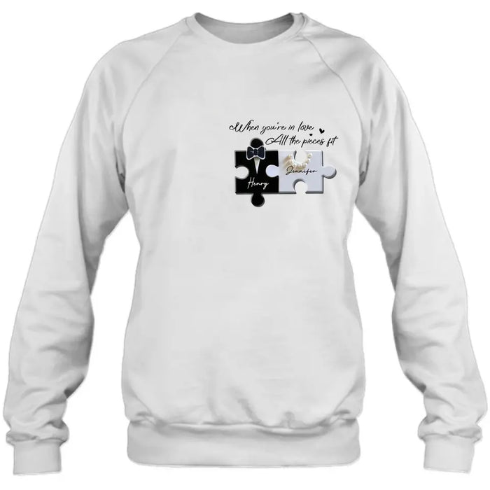 Personalized Couple Puzzle Shirt/Hoodie - Anniversary/Wedding Gift Idea For Couple - When You're In Love All The Pieces Fit