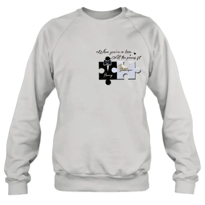 Personalized Couple Puzzle Shirt/Hoodie - Anniversary/Wedding Gift Idea For Couple - When You're In Love All The Pieces Fit