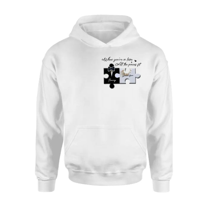 Personalized Couple Puzzle Shirt/Hoodie - Anniversary/Wedding Gift Idea For Couple - When You're In Love All The Pieces Fit