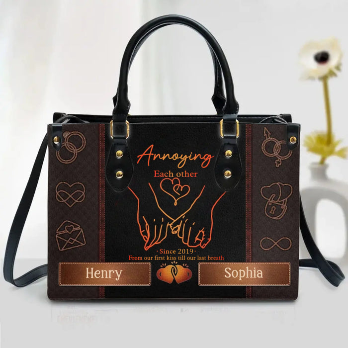 Personalized Couple PU Leather Handbag With Long Straps - Valentine Gift Idea For Her - From Our First Kiss Till Our Last Breath
