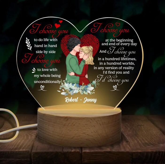 Personalized Couple Heart Acrylic Photo Panel With Light Base - Mother's Day Gift For Wife From Husband - I Choose You To Do Life With Hand In Hand Side By Side