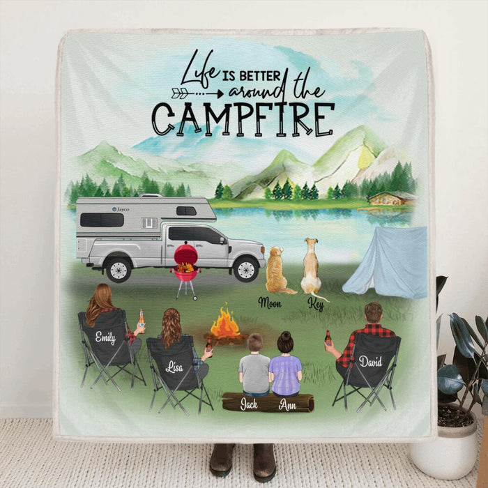 Personalized Camping Fleece Blanket - 3 Adults With 2 Kids & 2 Dogs - Gift Idea For The Whole Family - Life Is Better Around The Campfire