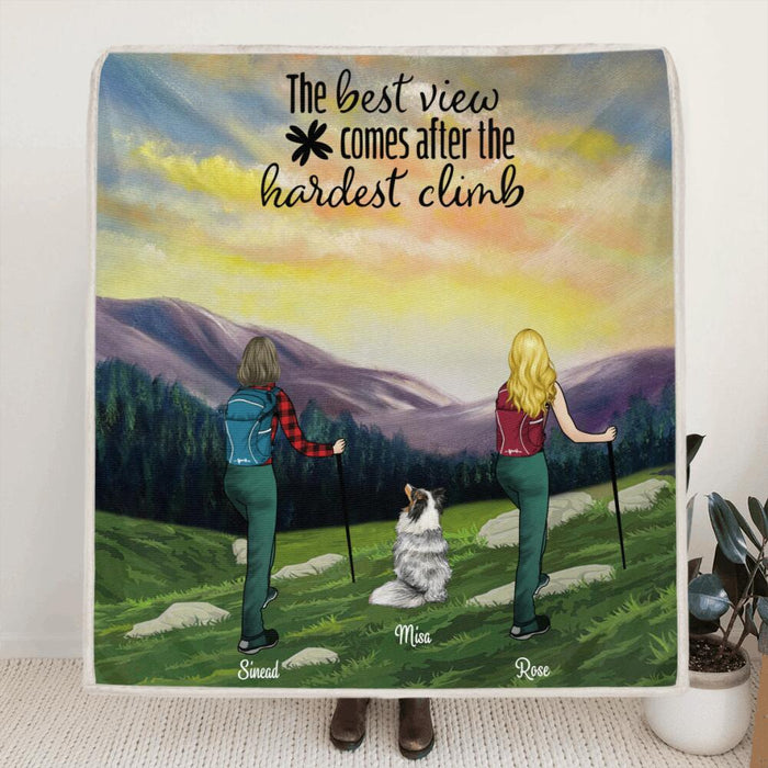 Personalized Sunrise Hiking Fleece Blanket/Quilt - 2 Women & 1 Dog - Best Gift For Hiking Couple/Friends - The Best View Comes After The Hardest Climb