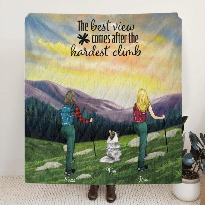 Personalized Sunrise Hiking Fleece Blanket/Quilt - 2 Women & 1 Dog - Best Gift For Hiking Couple/Friends - The Best View Comes After The Hardest Climb