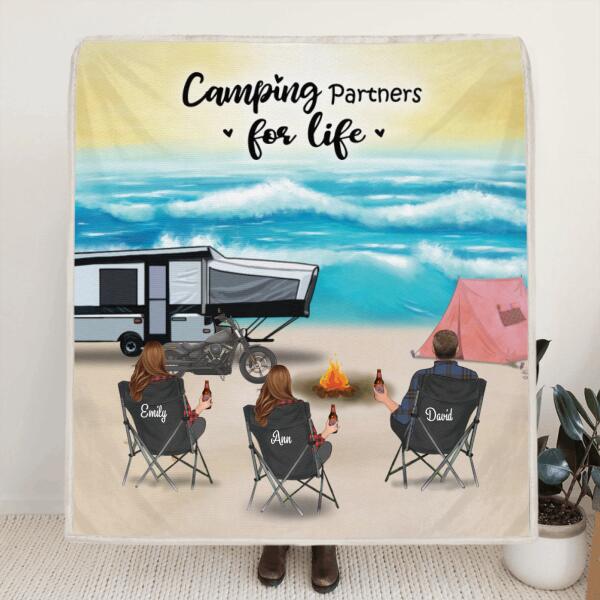 Personalized camping quilt/fleece blanket - Up to 4 Adults and Pets camping at the beach - Gift idea for family, camping lovers - Camping Partners For Life -