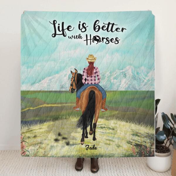 Personalized Girl Riding Horse Quilt - Gift Idea For Horse Mom, Horse Lovers - Life Is Better With Horses