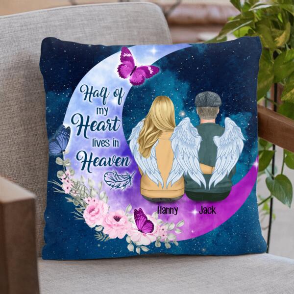 Personalized Memorial Mom Dad Pillow Cover - Gift For Old Couple - Half Of My Heart Lives In Heaven