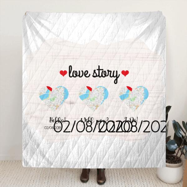 Personalized Map Photo Quilt/Fleece Blanket - Best Gift For Couple - Love Story