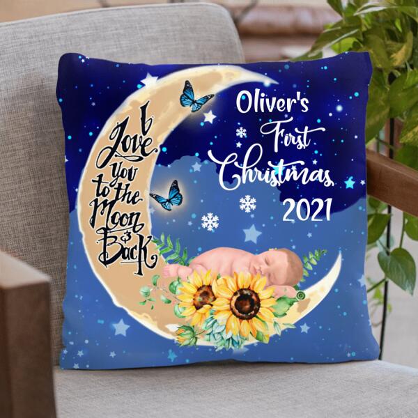 Personalized Baby First Christmas Pillow Cover - I Love You To The Moon And Back