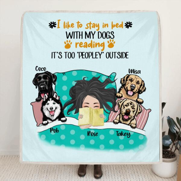Personalized Stay In Bed With Dog Reading Pillow Cover/Quilt/Fleece Blanket - Girl With Up to 4 Dogs - Best Gift For Dog Lover
