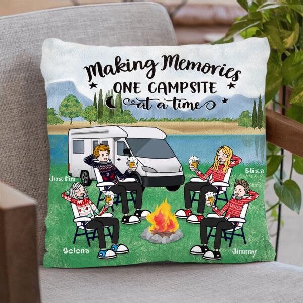 Personalized Camping With Friends Quilt/Fleece Blanket/Pillow Cover - Up to 6 People - Best Gift For Friends/Camping Lovers - Retired Every Hour Is Happy Hour