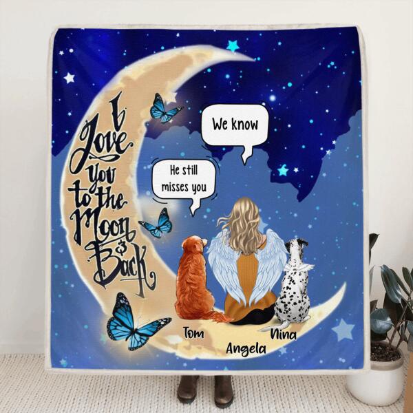 Personalized Memorial People And Pet Loss Pillow Cover/Quilt/Fleece Blanket - Up to 4 Pets - Memorial Gift Idea For Dog/Cat Lover - I Love You To The Moon And Back