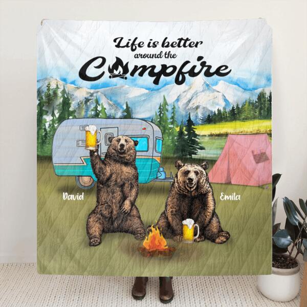 Personalized Couple Bear Husband Wife Camping Quilt/Fleece Blanket - Gift For Couple - Life Is Better Around The Camfire