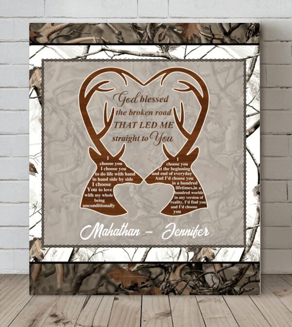 Personalized Deer Hunting Heart Canvas - Gift Idea For Couple - God Blessed The Broken Road That Led Me Straight To You
