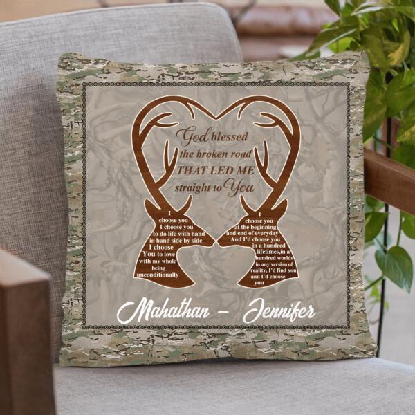 Personalized Deer Hunting Heart Pillow Cover/Quilt/Fleece Blanket - Gift Idea For Couple - God Blessed The Broken Road That Led Me Straight To You