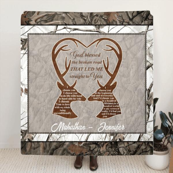 Personalized Deer Hunting Heart Pillow Cover/Quilt/Fleece Blanket - Gift Idea For Couple - God Blessed The Broken Road That Led Me Straight To You