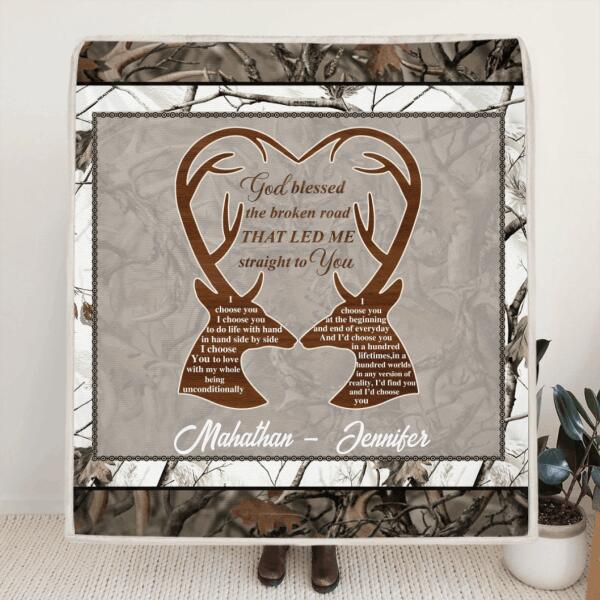Personalized Deer Hunting Heart Pillow Cover/Quilt/Fleece Blanket - Gift Idea For Couple - God Blessed The Broken Road That Led Me Straight To You